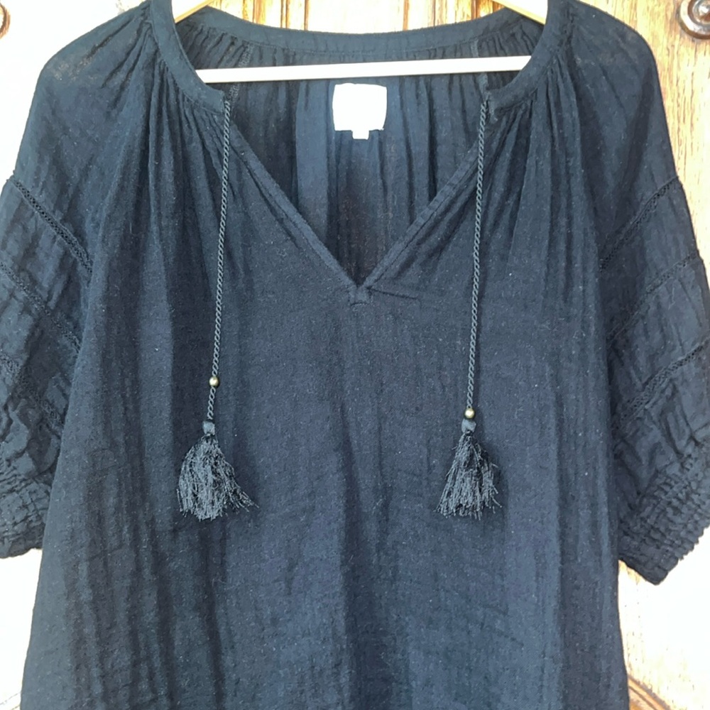 Sundays Colette Eyelet Puff Sleeve Blouse Top Womens 3 Black Cotton Tasseled - Picture 11 of 16